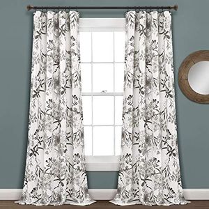 Lush Decor Botanical Garden Curtains Floral Bird Print Room Darkening Window Panel Drapes Set for Living, Dining, Bedroom (Pair), Gray & White, 52" W x 95L