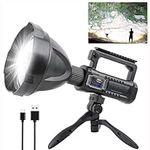 Rechargeable Spotlight Flashlight, 300000 High Lumens Super Bright Spot Light, 4 Modes IPX5 Waterproof Powerful Searchlight with Tripod & Power Bank, Handheld LED Spotlight for Outdoor Hiking Camping