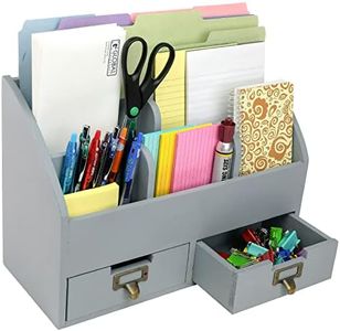 Wood Desk Organizer, 6 Compartments 2 Drawer Supplies Rack - Solid Gray