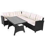 CASARIA® Lisbon Polyrattan Garden Corner Lounge Dining Table Set | Bench WPC Table Top 7cm Thick Seat Cushions | Weatherproof Outdoor Patio Seating Group Garden Furniture | Black