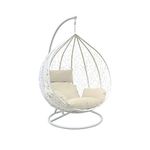 Rattan Swing Egg Chair Garden Patio Furniture Indoor Outdoor Hanging Egg Chair Swing Hammock Seat White Lounge Chair with Sturdy Steel Frame and White Cushion