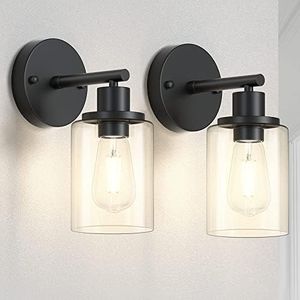 Asnxcju 1-Light Industrial Black Wall Sconces, Modern Sconces Wall Lighting, Bathroom Vanity Light Fixtures, Farmhouse Wall Lamp with Clear Glass, Wall Mounted Lights for Mirror Bedroom (2 Pack)