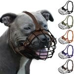 Pitbull Dog Muzzle Breathable Metal Basket for Large Dogs Amstaff Staffordshire Terrier Secure Wire Mask Adjustable Durable Leather Straps Biting Chewing Barking (Dark Brown)