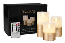 Gold LED Candles Flameless Flickering Battery Operated Electric Pillar Candle | Realistic Flicker Moving Flame | 2 Remote Controls & Timer, Real Wax Decorative Ivory with Gold Trim | Home Decor Gift