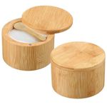 Salt and Pepper Cellar Set with Spoon, 2 Pack Bamboo Round Salt Sugar Box with Swivel Lid,6 oz Seasoning Container Bowl for Kitchen Table Countertop