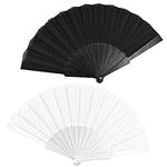 2Pcs Hand Fan Folding Fabric Hand Fan Chinese Spanish Fan Foldable Hand Fan Handheld Folding Fan Kung Fu Tai Chi Fan for Women Dancing Cosplay Props Wedding Summer Party Decorations Gift White Black