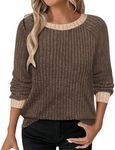 Febteebou Fall Sweaters for Women Casual Crewneck Long Sleeve Lightweight Shirts Fall Outfits Ribbed Color Block Tops