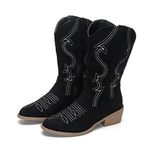 Ophestin Womens Western Cowboy Boots Low Chunky Pointed Toe Embroidery Wide Calf Cowgirl Boots Suede Black 5UK