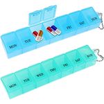 2 Pcs Pill Box, 7 Day 1 Time a Day Pill Dispenser Storage Case Portable Medicine Storage Box Tablet Boxes Pill Organiser for Medicines Supplements Vitamins Cod Liver Oil (Blue, Green)