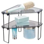 mDesign Plastic/Steel Corner Stackable Rack, Storage Organizer Shelf for Bathroom, Vanity, Countertop, Sink, Cabinet, Holds Makeup, Shower Accessories, Ligne Collection - 2 Pack - Black/Smoke Gray