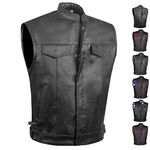 SOA Men's Premium Leather Motorcycle Vest with Biker Club Concealed Carry Gun Pockets w/Armor Black XXL