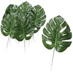 Tied Ribbons 10 Pcs Artificial Monstera Palm Leaves Flower Plants (14 X 7 Inch) For Home Decor Living Room Bedroom Balcony Farmhouse Table Craft Decorative Gifting Items - Plastic,Multicolor