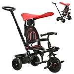 Qaba Tricycle for Toddler 5 in 1 Kids Trike, Converts Stroller to Toddler Bike, Adjustable Backrest & Flat Canopy, Detachable Guardrail & Handle for 1-5 Years Old, Red