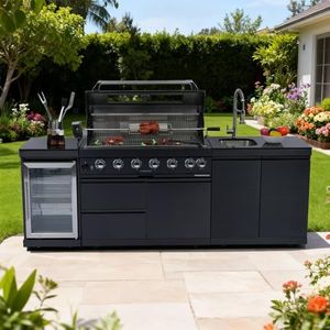 95" Outdoor Kitchen BBQ Island with 6-Burner 85,000 BTU Stainless Steel Gas Grill, Rotisserie, Built-In Wine Cooler, Compact Refrigerator,Granite Countertop & Storage Cabinets,Black