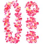 4 Packs Colorful Hawaiian Leis Artificial Graduation Leis Hawaiian Flower Necklace Headband Garland Hand Garlands Leis Set Accessories for Women Girls Luau Hula Dance Party Costumes Decorations, Pink