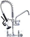 WOWOW Commercial Faucet with Pre-Rinse Sprayer, Wall Mount Kitchen Faucet 8 Inch Adjustable Center Kitchen Sink Faucet with 21 Inch Height, 12 Inch Add on Spout Solid Brass Chrome for Restaurant