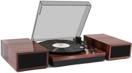 Record Player with Dual Full-Range Stereo Speakers & Glossy Finish, 2-Speed Belt-Drive Vinyl Turntable, Retro LP Player with Moving Magnet Cartridge, Wireless Playback, RCA Output, Glossy Brown