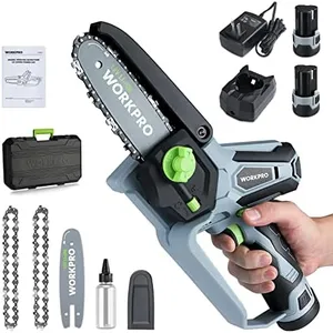 WORKPRO Mini Chainsaw, 6.3“ Cordless Electric Compact Chain Saw with 2 Batteries, One-Hand Operated Portable Wood Saw with Replacement Guide Bar and Chain for Garden Tree Branch Pruning, Wood Cutting