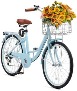 VEVOR Women Bike, 7-Speed and 1-Speed, 24-26 Inch Pink and Light Blue Beach Cruiser Bike, with Large Capacity Basket and Rear Rack, Adjustable Seat, Fits for Cycling, Exercise & Shopping