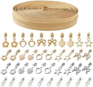 Mylbeter #3 Nylon Coil Zippers by The Yards Khaki Bulk Zippers 10 Yards with 40PCS Sliders Continuous Zipper Tape for DIY Bag Clothing Sewing Crafts Gold Pull Sliver Slider Zipper for Bags and Purses