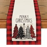 Artoid Mode Watercolor Red and Black Buffalo Plaid Christmas Trees Merry Xmas Table Runner, Seasonal Winter Holiday Kitchen Dining Table Decoration for Indoor Outdoor Home Party Decor 13 x 72 Inch