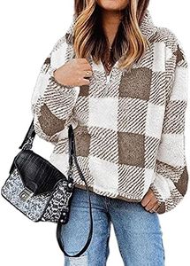 BTFBM Women Sherpa Pullover Quarter Zip Long Sleeve Fluffy Soft Fleece Jackets Sweaters Sweatshirts Hoodies Outwear Coat (Plaid Khaki, X-Large)