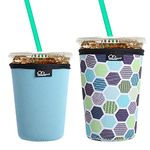 WKieason Reusable Iced Coffee Cup Insulator Sleeve for Cold Beverages and Neoprene Coffee Cup Holder Cooler Cover 16-24OZ for Starbucks Coffee, McDonalds, Dunkin Donuts, More (Green geometric)