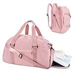 Gym Sport Bag for Women, Travel Duffle Bag with Shoes Compartment and Wet Pocket, Portable Lightweight Weekend Bag, Pink