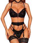 RSLOVE Women's Lingerie Set with Garter Belt 3 Piece Exotic Lingerie Outfits Sexy Bra and Panty Set Black L