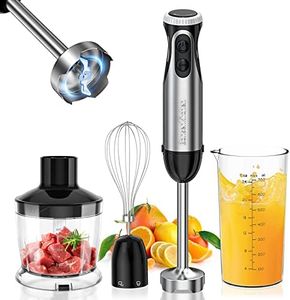 Immersion Handheld Blender, Bonsenkitchen Stainless Steel Hand Stick Blender, 20-Speed and Turbo, 4-In-1 Hand Blender with Egg Whisk, 24oz Beaker & 17oz Chopper Bowl for Smoothies, Puree, Baby Food