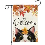 Heyfibro Welcome Fall Garden Flag 12 x 18 Inch Vertical Double Sided Burlap, Autunm Cute Cat Garden Yard Flags for Yard Thanksgiving Holiday Outside Outdoor Seasonal Decoration(ONLY FLAG)