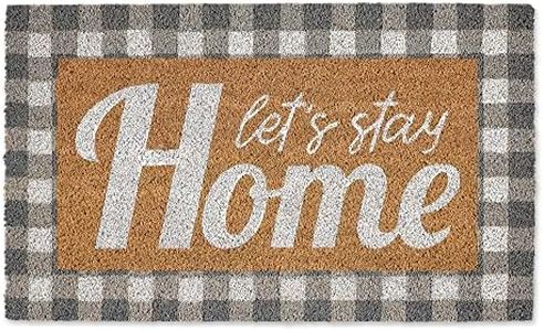 Natural Coir Front Door Mat Outdoor Collection, Decorative Checkered Doormat with Heavy Duty PVC Backing, 17x29, Let's Stay Home