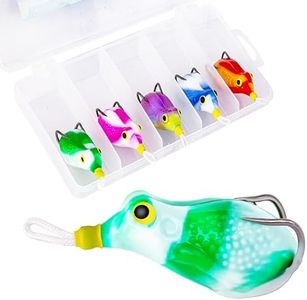 5Pcs Frog Lure Topwater Fishing Lure with Box, 2025 Upgraded Waterproof Tie-Dye Colorful Crankbait Frog Bait, Weedless Hooks Soft Hollow Body Freshwater Frog Lure for Bass Snakehead Trout and Pike
