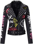 RISISSIDA Studded Leather Jacket Women Moto Motorcycle Faux Leather Short Coat Black 0480 X-S