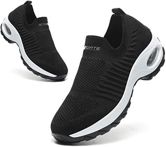 Womens Slip On Ladies Trainers Walking Shoes Lightweight Running Shoes Air Cushion Wedge Platform Shoes Black White UK 6.5