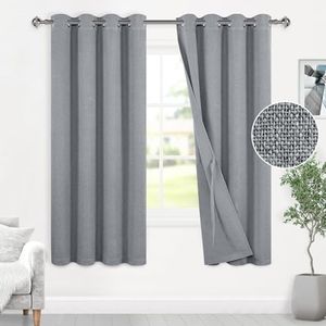 DWCN 100% Blackout Curtains Textured Double Face Linen Curtains Thermal Insulated Grommet Curtain Drapes Sewn with Tiebacks for Living Room/Bedroom,Each W132 cm x D160cm, Set of 2 Panels,Dark Grey