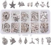 PH PandaHall 90PCS 15 Style Ocean Fish Seashell Marine Animal Sea Creatures Charms Pendants Antique Silver Tibetan Alloy Sea Charms for DIY Jewelry Making