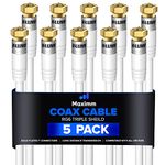 Coaxial Cable 2 ft Triple Shield - RG6 Coax Cable, TV Cable for Digital TV Aerial, Satellite Cable - Cable Cord Cable Wire- with Gold Plated F Connectors - White, 2 Feet, 5 Pack