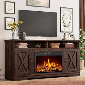AMERLIFE 63" Farmhouse TV Stand with 26" Fireplace, for TVs up to 73", Media Entertainment Center with Adjustable Shelf & Barn Doors, Rustic TV Console Cabinet for Living Room, Reclaimed Barnwood
