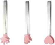 NentMent 3 Pack Mini Dessert Tongs Stainless Ice Cube Clip Pink Hand Heart Glove Shape Small Non-Slip Silicone Baking Bread Tong Clips for Kids BBQ Salad Candy Sugar Kitchen Tools Food Serving Utensil