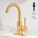 FROPO Gold Bathroom Faucets - Single Hole Waterfall Bathroom Sink Faucet with Drain Assembly, Brushed Gold Waterfall Bathroom Faucet 360° Swivel Spout Vanity Faucet Single Handle Lavatory Sink Faucet