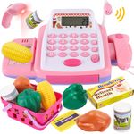 HYAKIDS Child Toy Till Cash Register for Kids, Shopping Till Role Play Food Money Imaginative Play Toys with Real Calculator Microphone Gifts for Girls Boys