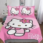 PACUM Hello Kitty Duvet Cover with Pillowcases 3D Printed Bedding Set with Zipper Closure Unique Design Anti-allergic Cartoon Cat Quilt Cover Double（200x200cm）