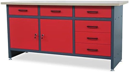 Banco da lavoro con piano di lavoro con 6 cassetti 2 scomparti con chiave Piedi regolabili Piano di lavoro in MDF Caricabile fino a 500 kg In metallo 170 cm x 60 cm x 85 cm (Antracite-Rosso)