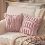 MANDIOO Pack of 2 Pink Boho Striped Decorative Throw Pillow Covers 18x18 Inch Soft Cozy Plush Fluffy Pillowcase Faux Rabbit Fur Velvet Cushion Covers Couch Bed Living Room