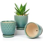 Oairse 3PCS Plant Pots Indoor Ceramic Flower Pots Round Garden Planters with Saucer Tray + Drainage Holes, Succulent Plant Pot/Cactus Plant Pot, 11CM