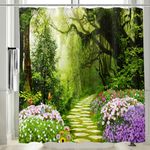 Vgzsyomqib 3D Garden Shower Curtain Outdoor Fence Wet Room Waterproof Anti Mould Proof Fabric Extra Wide 240x200cm Drop Picture Flowers Trees Forest Outside Scene Bathroom Curtains Set with Hooks