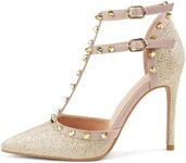 HECATER Ankle Strap Heels for Women Stilettos Pumps, Gold Glitter (Nude Straps), 8