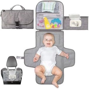 Epzia Portable Baby Changing Pad with Detachable Travel Mat, Smart Wipes Pocket, and Built-in Pillow - Waterproof & Spacious Diaper Changing Area - Foldable Nappy Changing Kit (Grey)