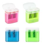 JEFURE Pencil Sharpeners 4PCS, 4 Colors Manual Pencil Sharpener with Container, Pencil Sharpener for Kids with Double Holes and Lid, Compact Pencil Sharpener for School, Home and Office